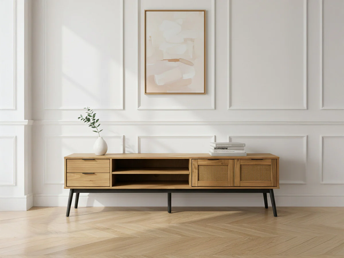 Meuble TV 180 cm ALBI bois massif et rotin