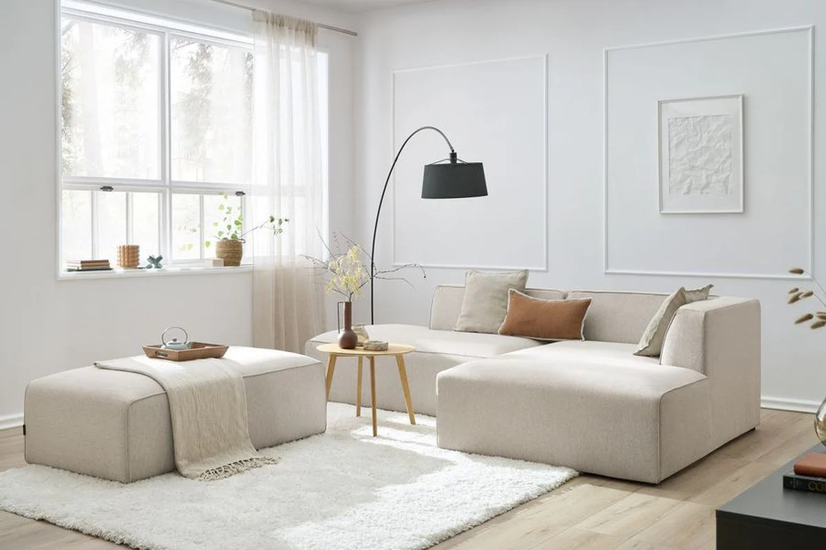 Canapé d'angle fixe modulable MEGEVE tissu chiné avec pouf - Image 15