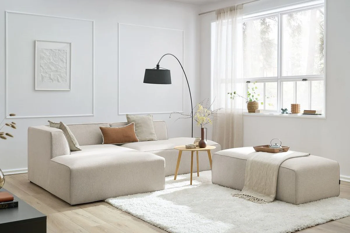 Canapé d'angle fixe modulable MEGEVE tissu chiné avec pouf - Image 16