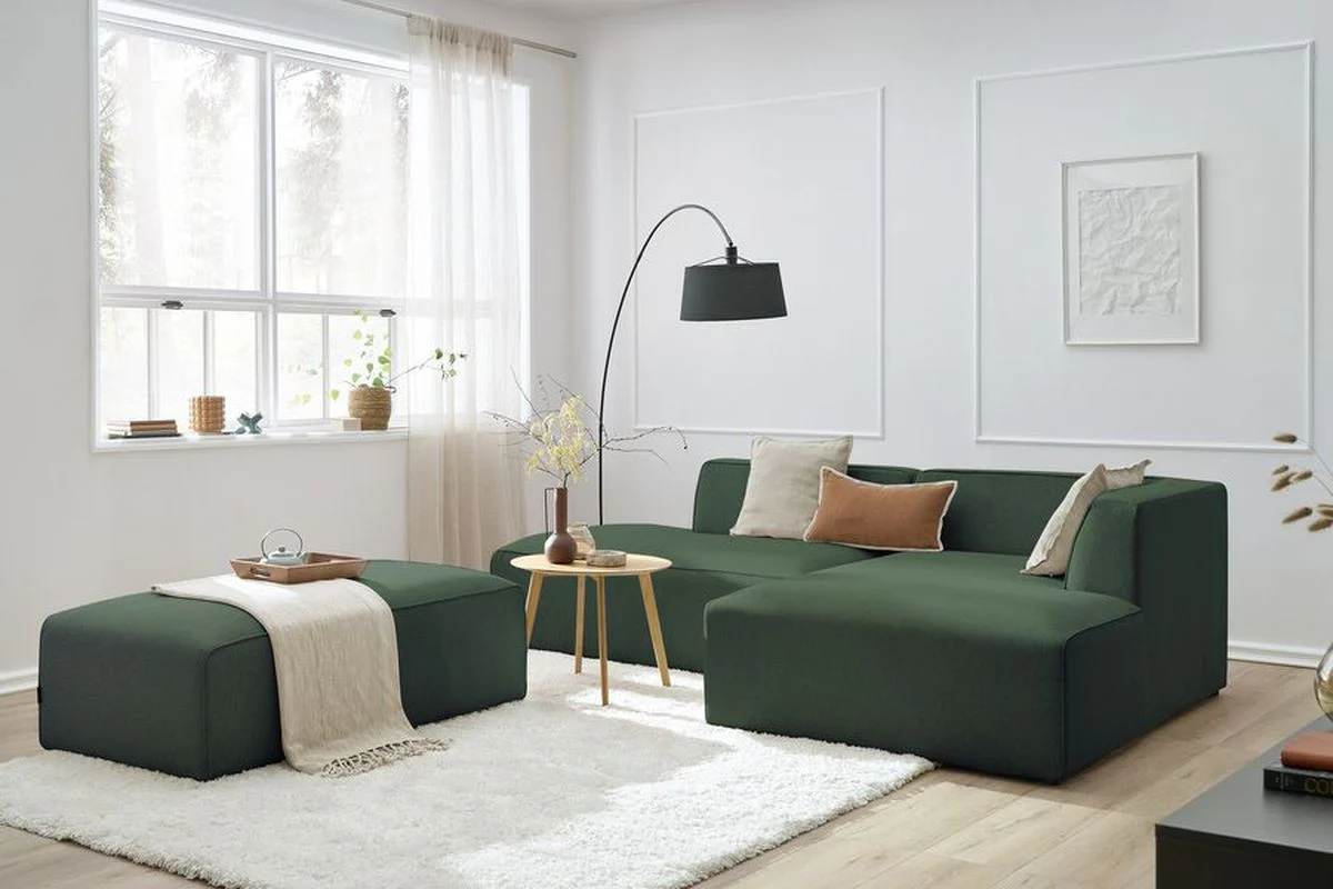 Canapé d'angle fixe modulable MEGEVE tissu chiné avec pouf - Image 17