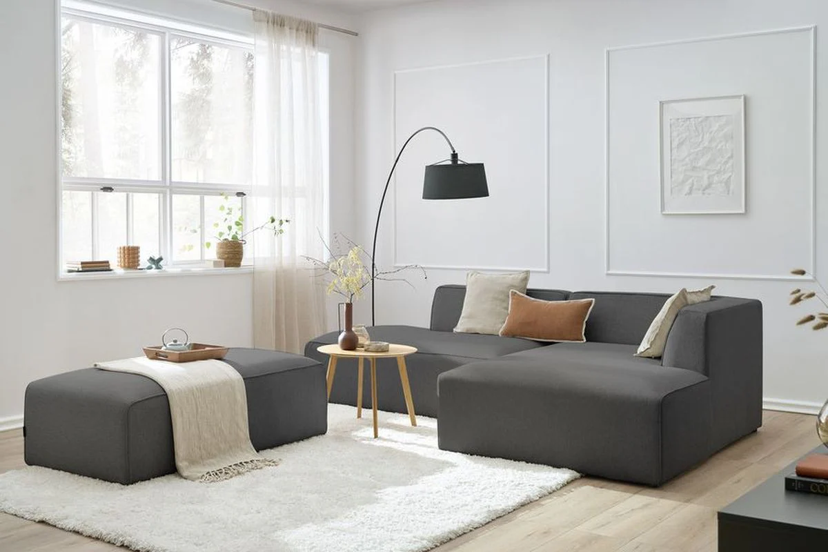 Canapé d'angle fixe modulable MEGEVE tissu chiné avec pouf - Image 18