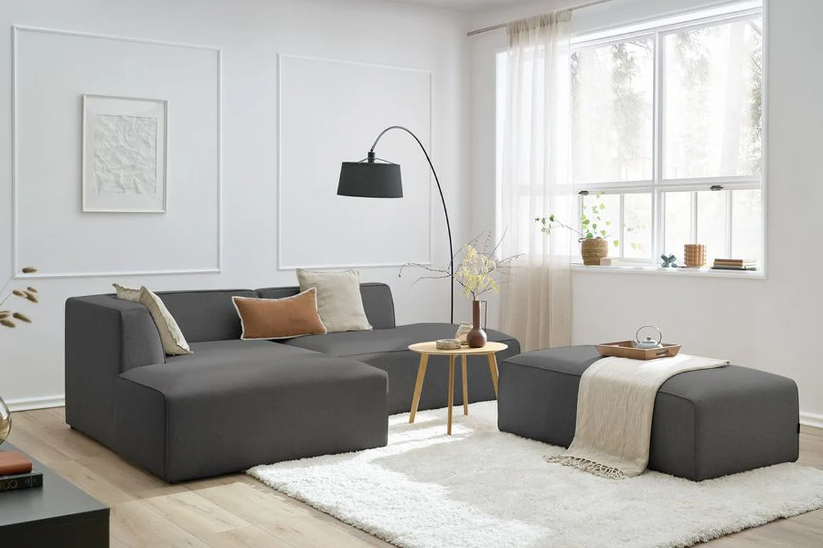 Canapé d'angle fixe modulable MEGEVE tissu chiné avec pouf - Image 19