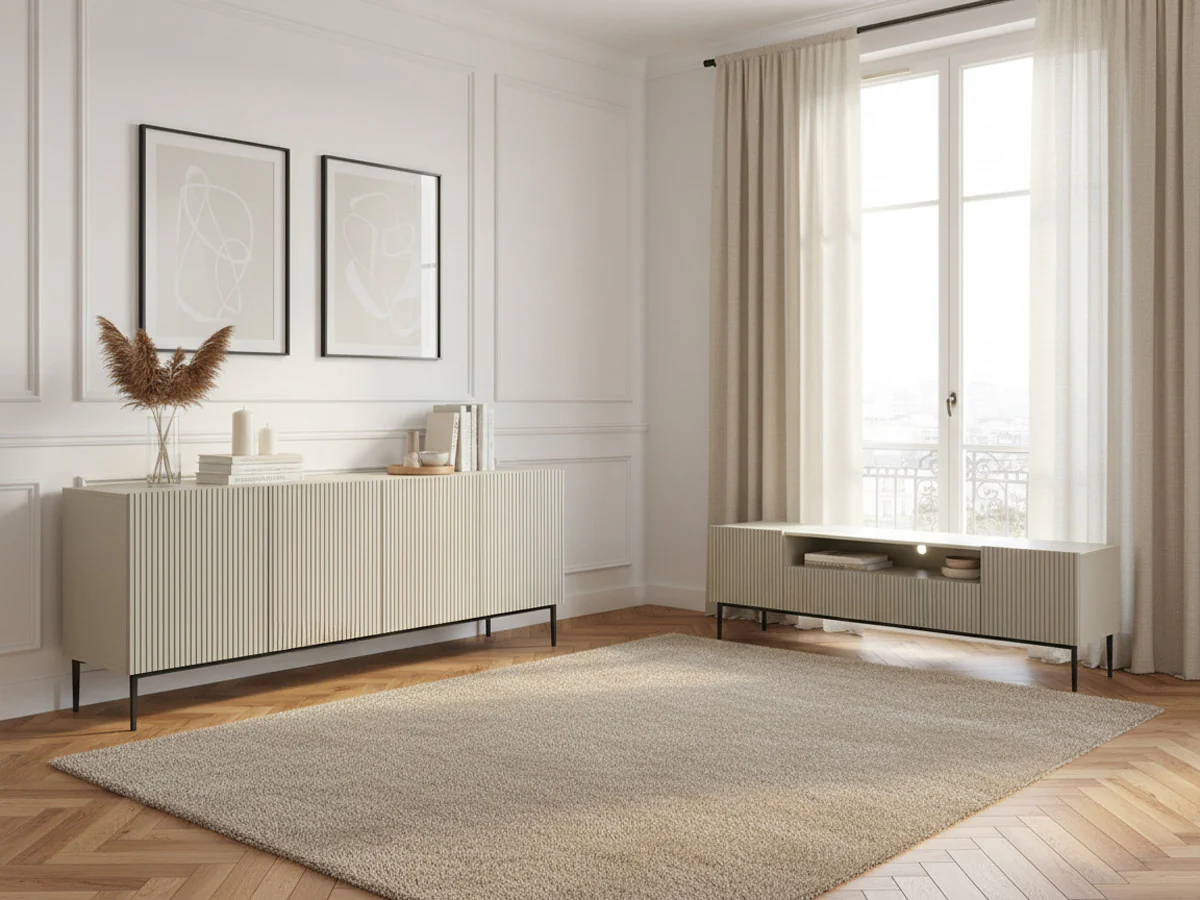 Ensemble KASHA avec Meuble TV 200 cm avec niche + Buffet 4 portes 200 cm pieds noirs - Image 4