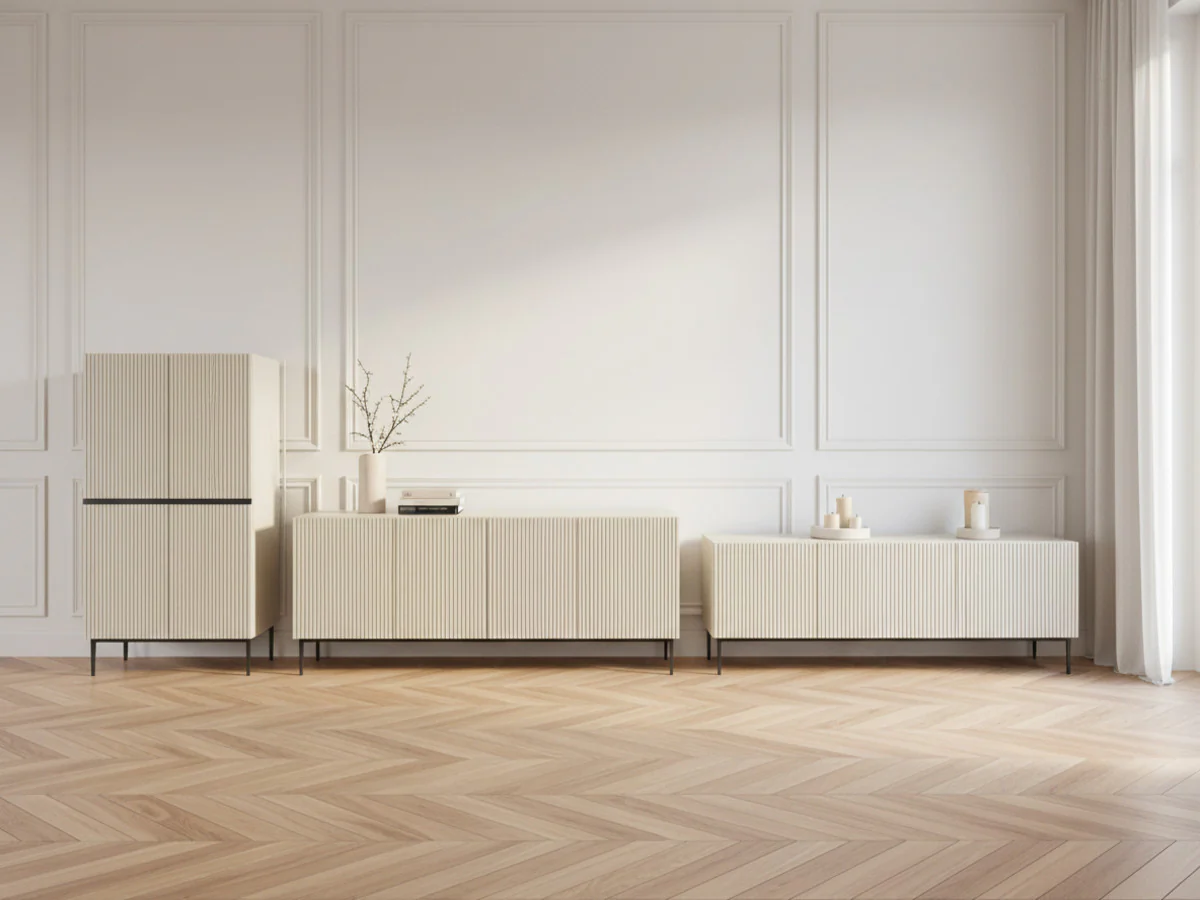 Ensemble KASHA avec Meuble TV 200 cm + Buffet 4 portes 200 cm + Buffet haut 2 portes 100 cm pieds noirs - Image 7