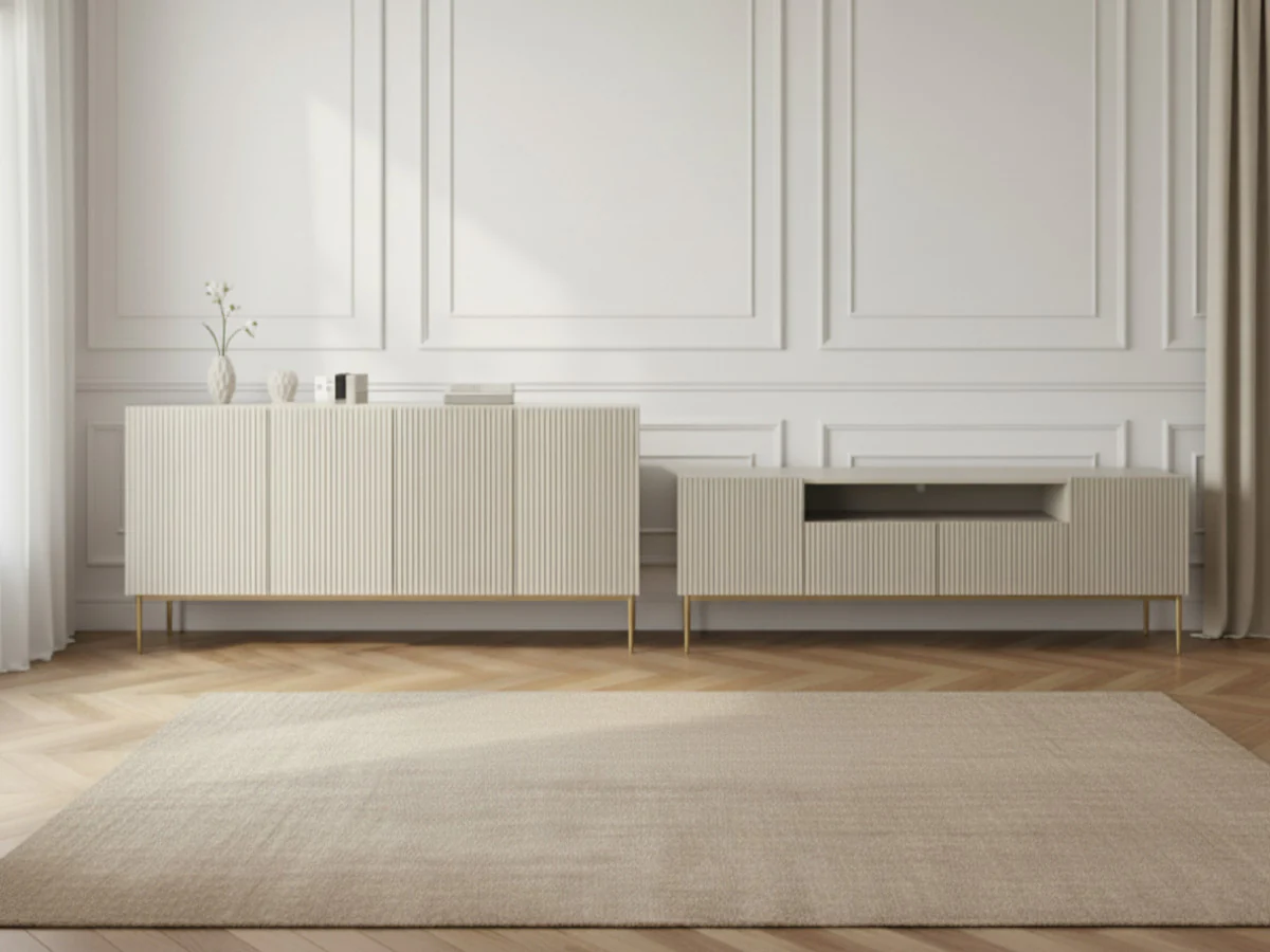 Ensemble KASHA avec Meuble TV 200 cm avec niche + Buffet 4 portes 200 cm pieds or - Image 3