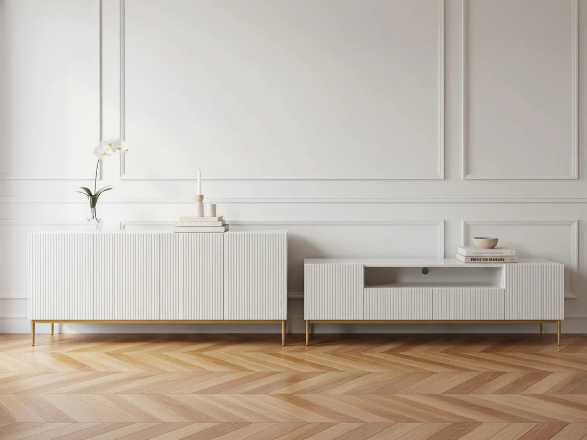 Ensemble KASHA avec Meuble TV 200 cm avec niche + Buffet 4 portes 200 cm pieds or - Image 4