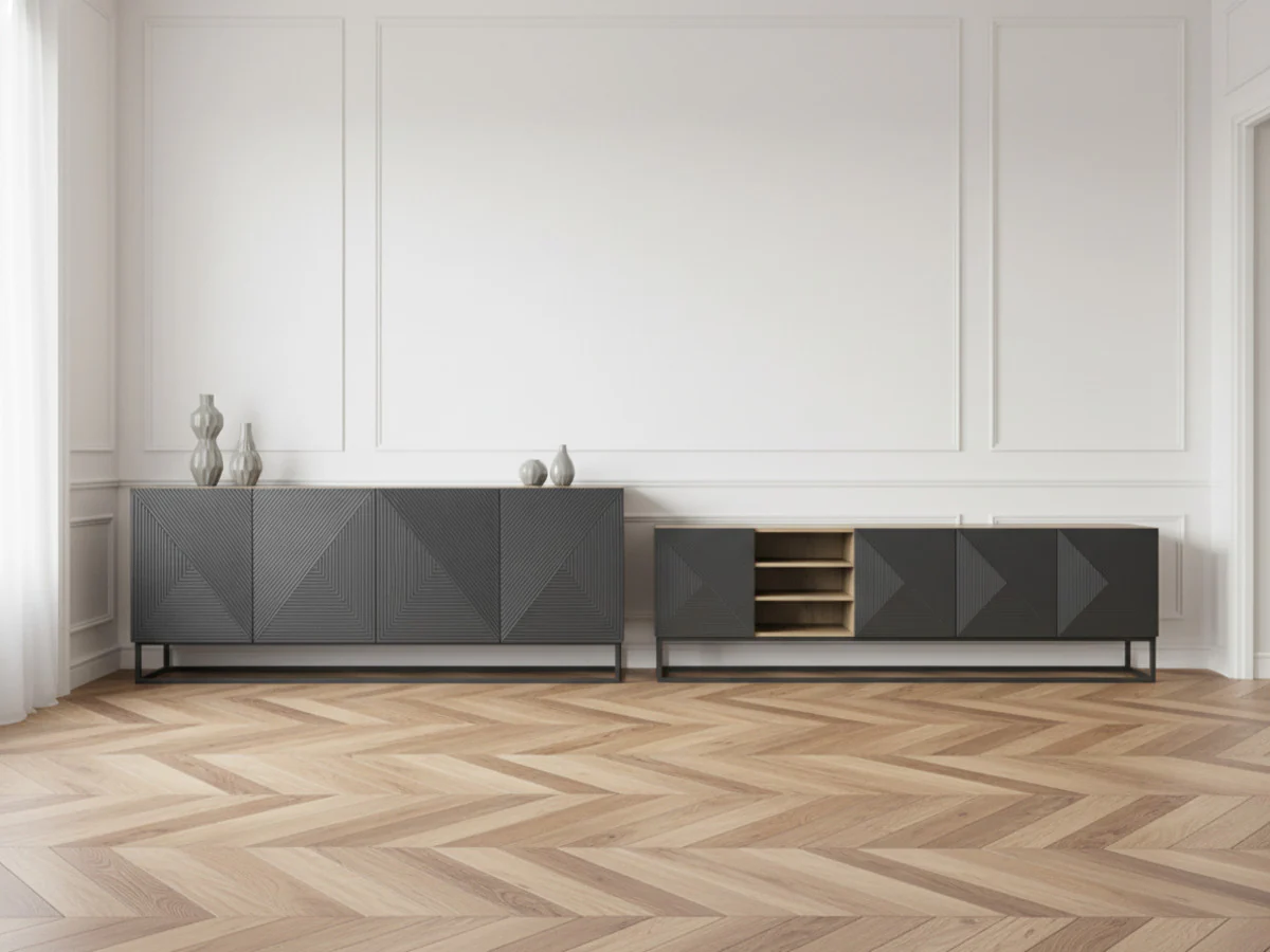 Ensemble ALICE avec Meuble TV avec niche 200 cm + Buffet 4 portes 200 cm pieds métal - Image 7