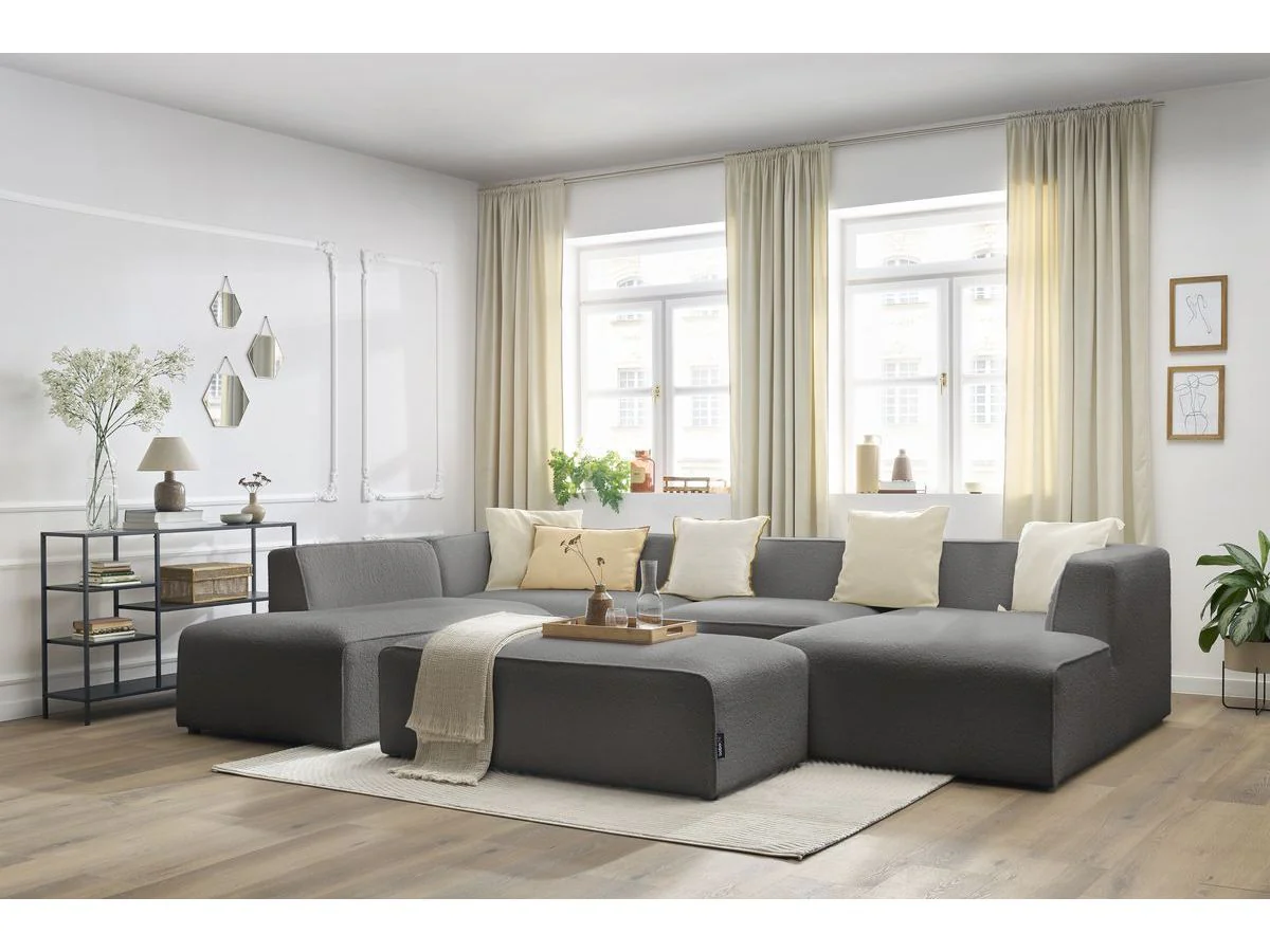 Canapé panoramique fixe MEGEVE avec pouf tissu bouclette - Image 10