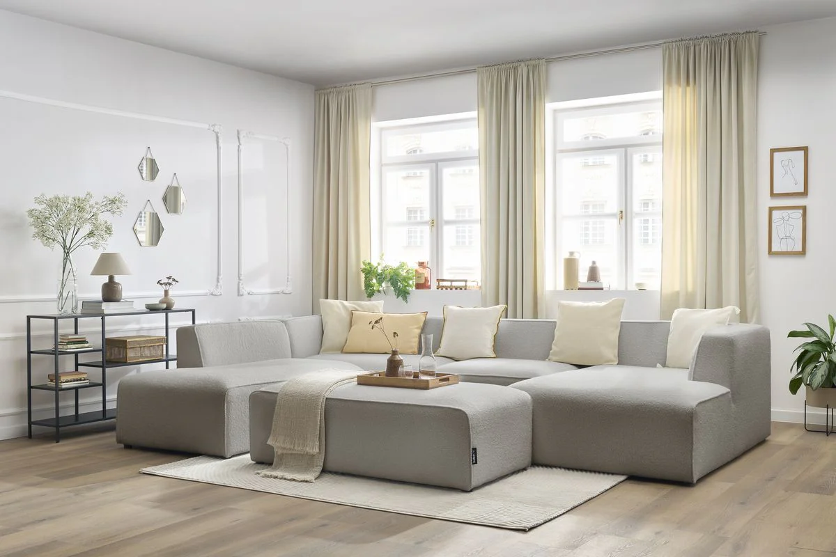 Canapé panoramique fixe MEGEVE avec pouf tissu bouclette - Image 11