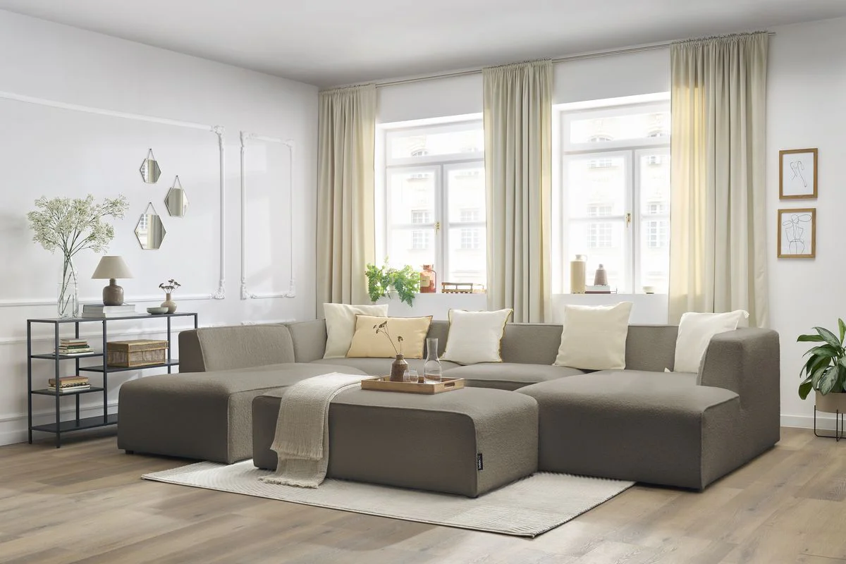 Canapé panoramique fixe MEGEVE avec pouf tissu bouclette - Image 17