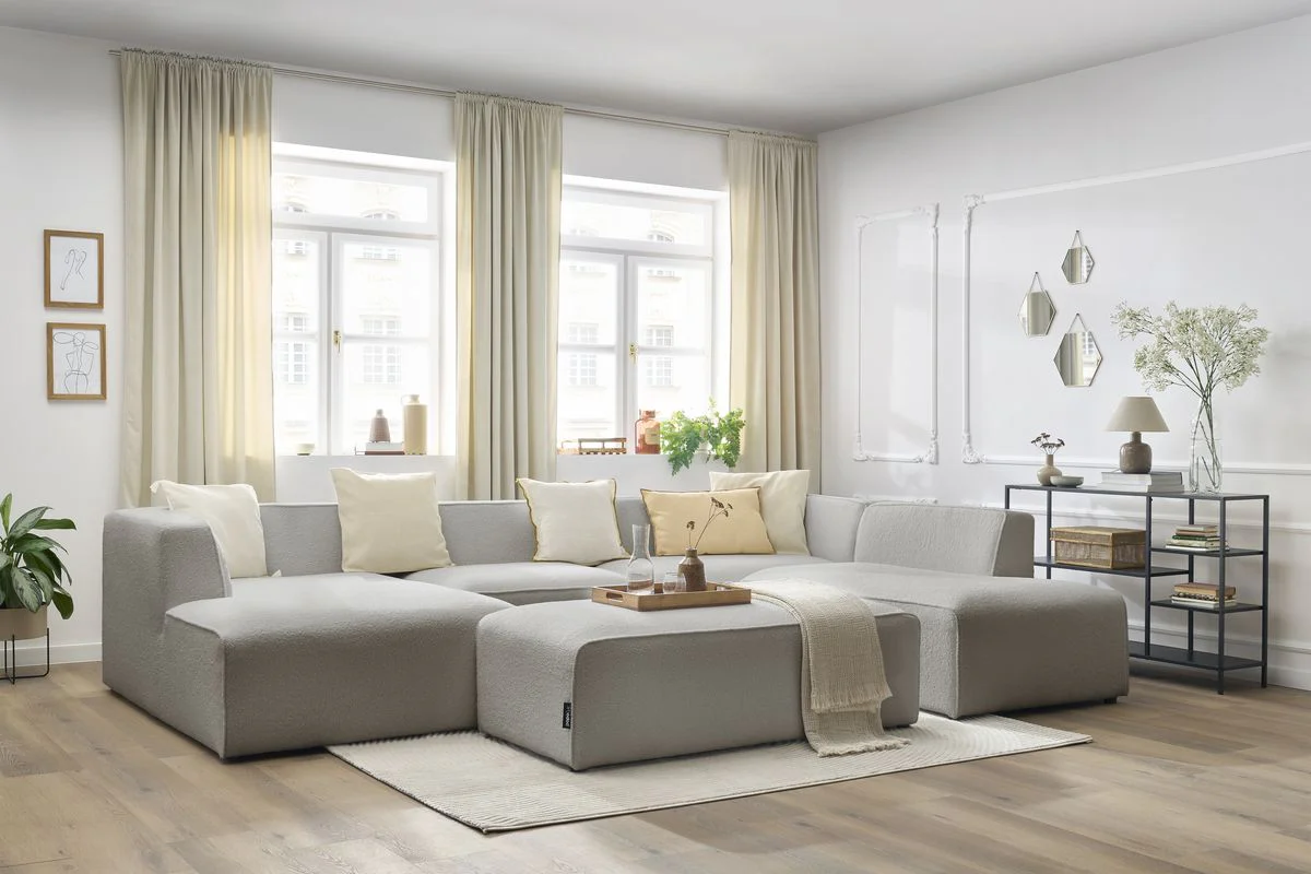 Canapé panoramique fixe MEGEVE avec pouf tissu bouclette - Image 18