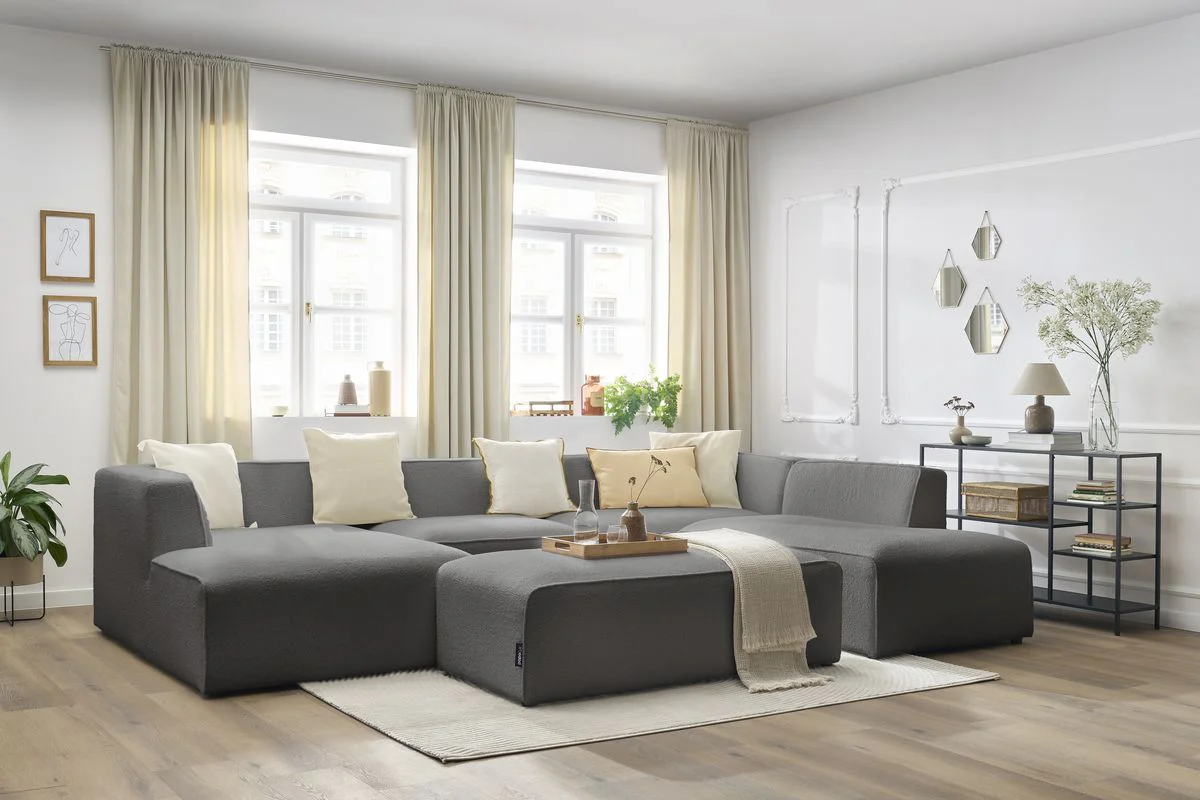 Canapé panoramique fixe MEGEVE avec pouf tissu bouclette - Image 19