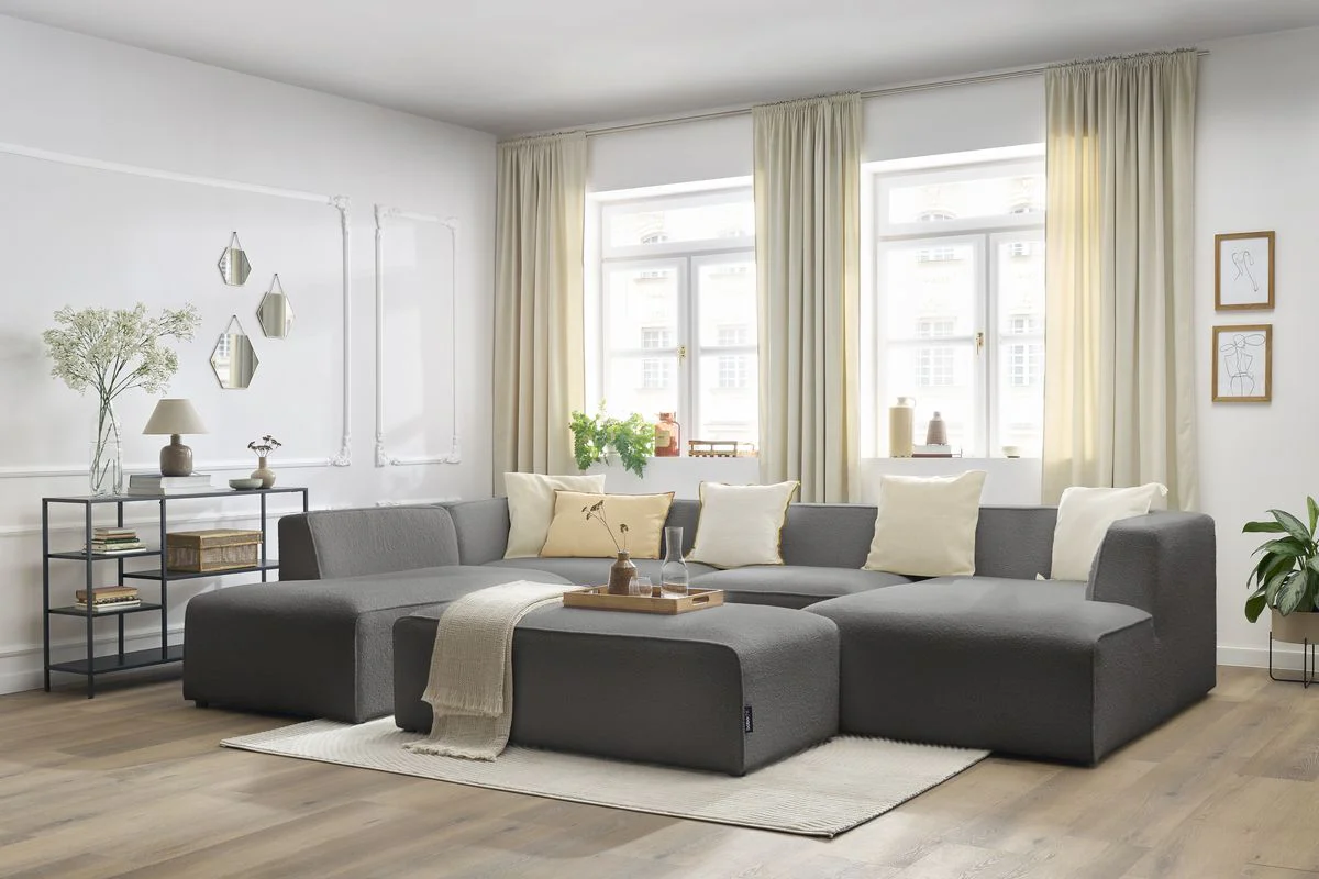 Canapé panoramique fixe MEGEVE avec pouf tissu bouclette - Image 20