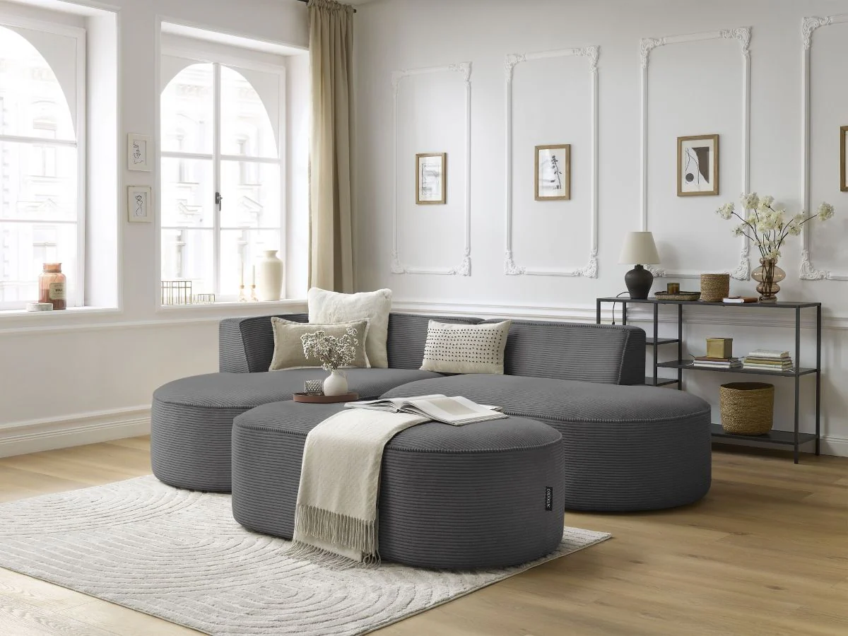 Canapé d'angle fixe ROUSSEAU velours côtelé avec pouf - Image 10