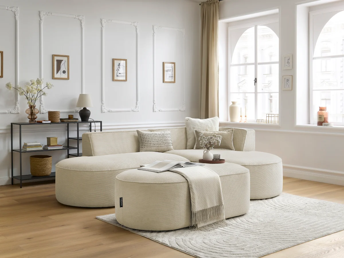 Canapé d'angle fixe ROUSSEAU velours côtelé avec pouf - Image 16