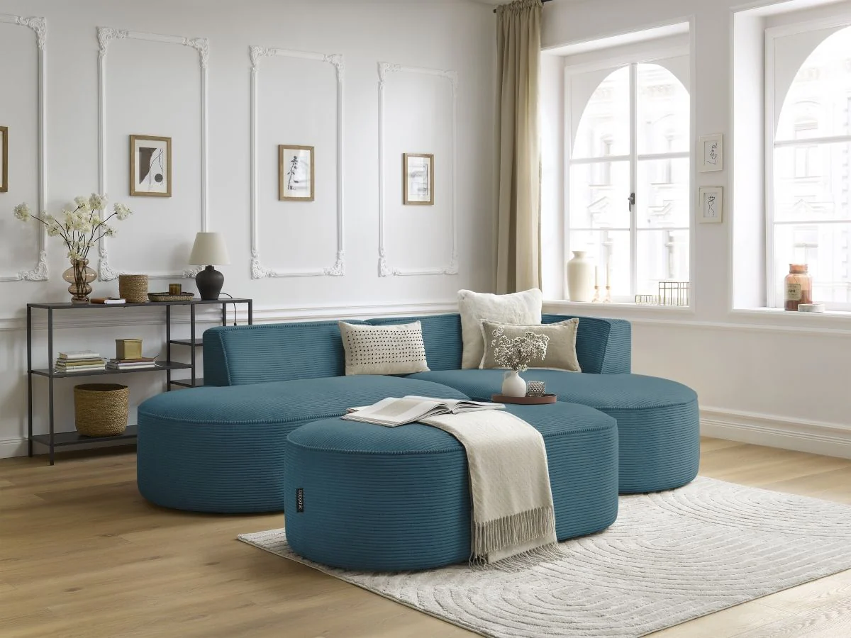 Canapé d'angle fixe ROUSSEAU velours côtelé avec pouf - Image 5