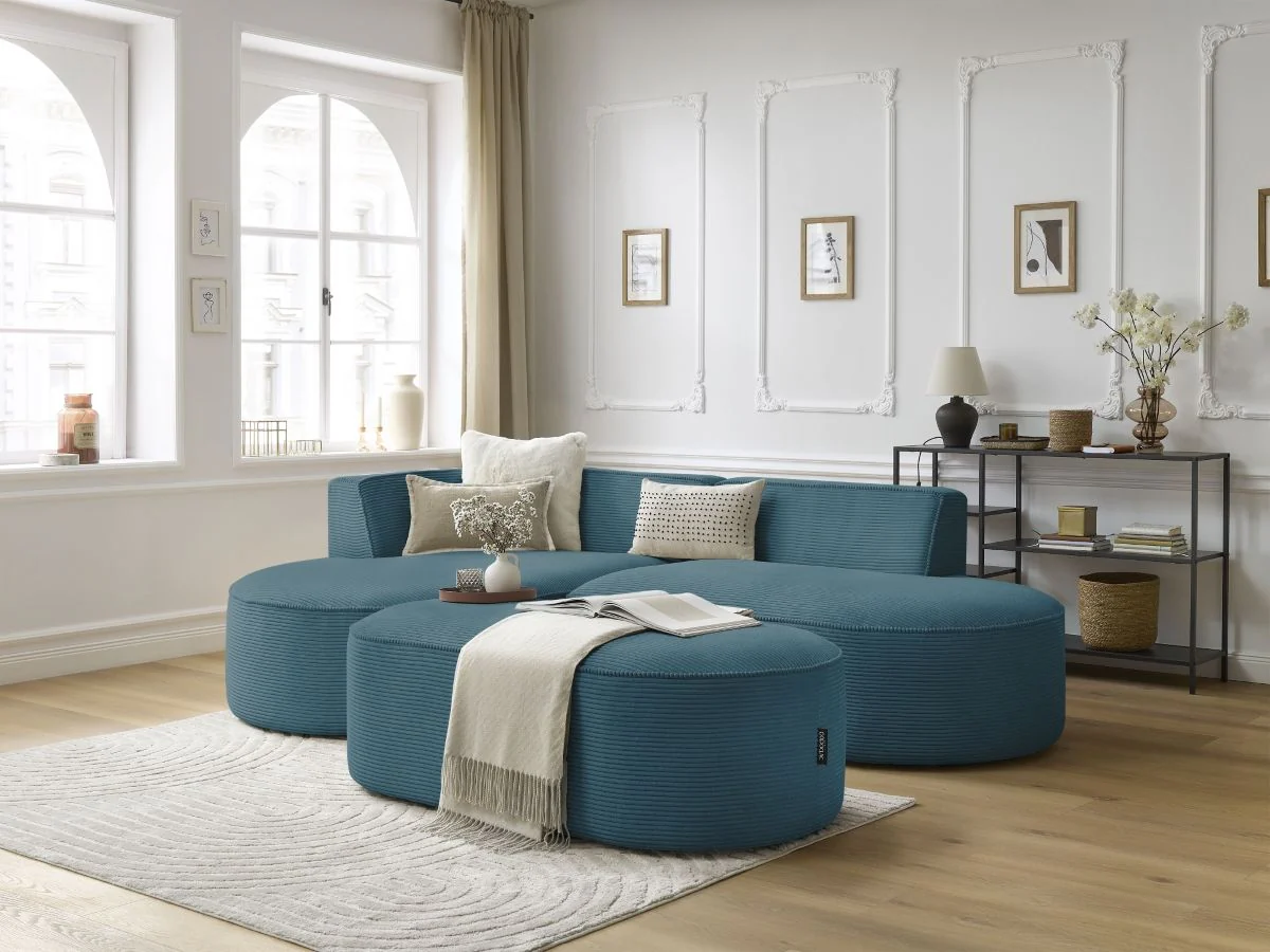 Canapé d'angle fixe ROUSSEAU velours côtelé avec pouf - Image 6