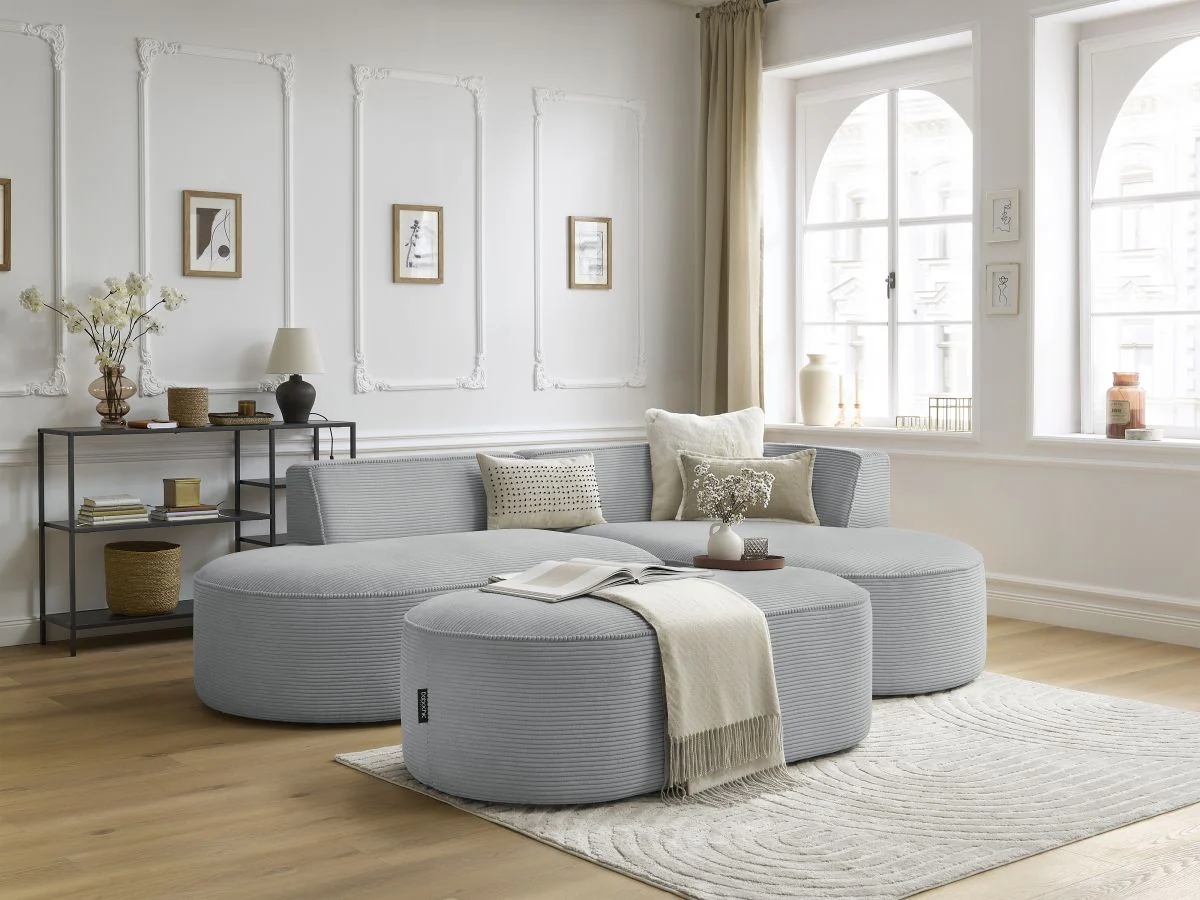 Canapé d'angle fixe ROUSSEAU velours côtelé avec pouf - Image 7