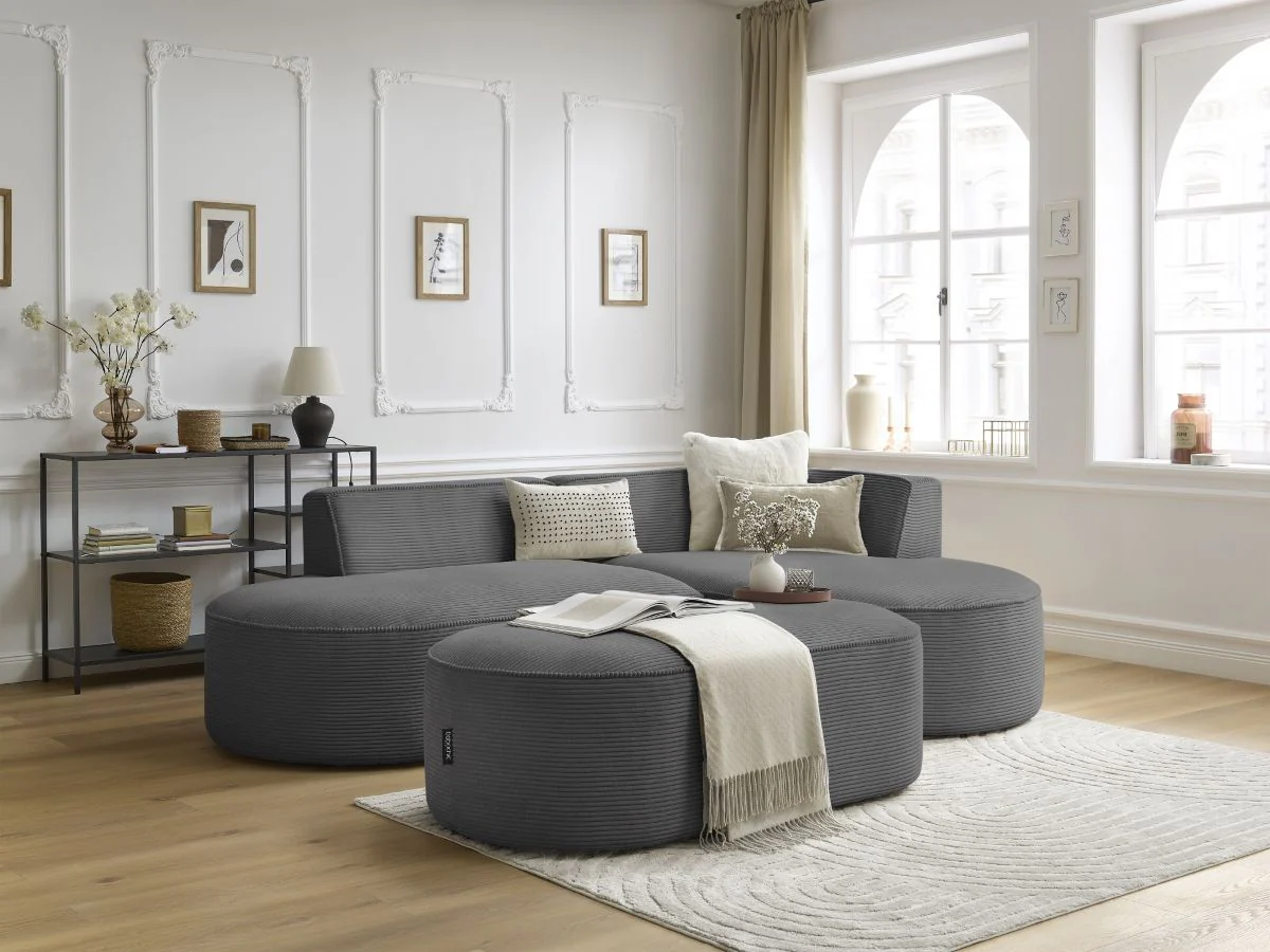 Canapé d'angle fixe ROUSSEAU velours côtelé avec pouf - Image 9
