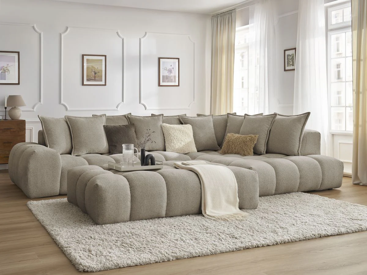 Canapé d'angle fixe EVEREST tissu chiné avec pouf - Image 21