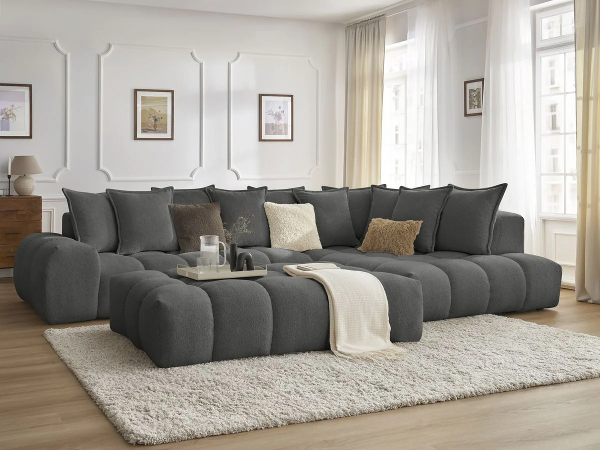 Canapé d'angle fixe EVEREST tissu chiné avec pouf - Image 33