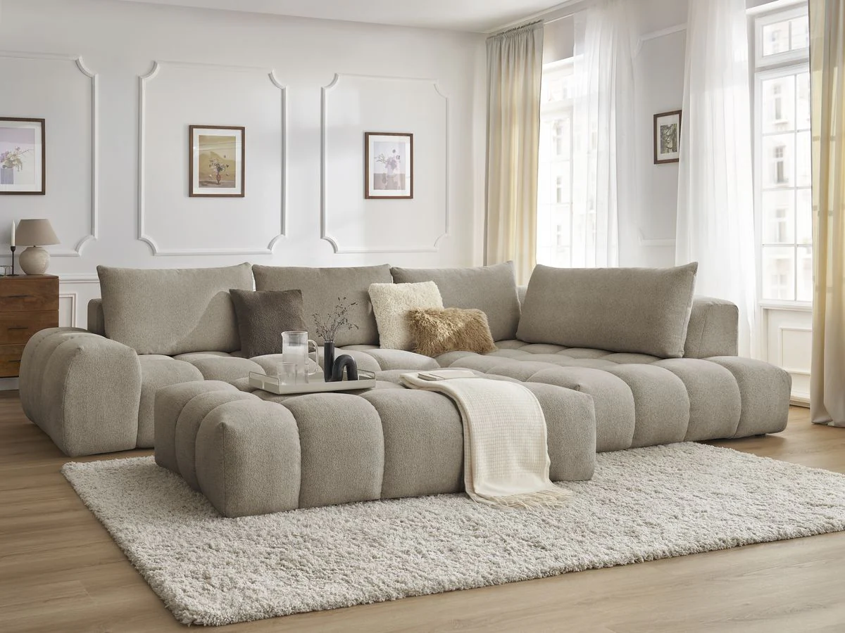 Canapé d'angle fixe EVEREST tissu chiné avec pouf - Image 37
