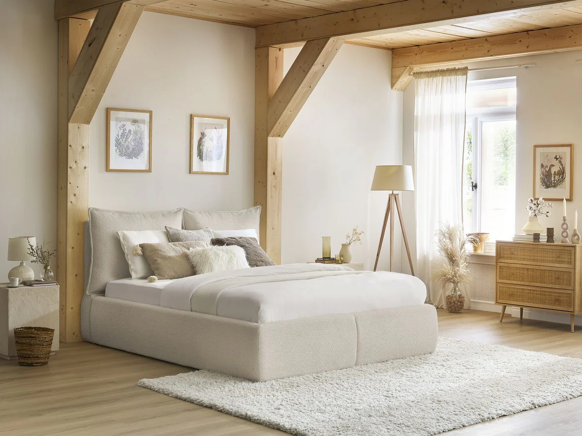 Lit coffre GARANCE avec tête de lit effet oreiller tissu bouclette - Image 11