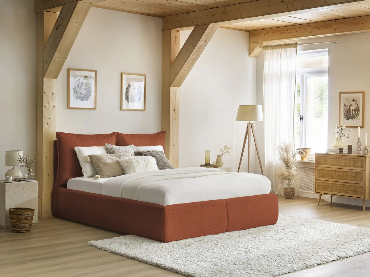 Lit coffre GARANCE avec tête de lit effet oreiller tissu bouclette - Image 14