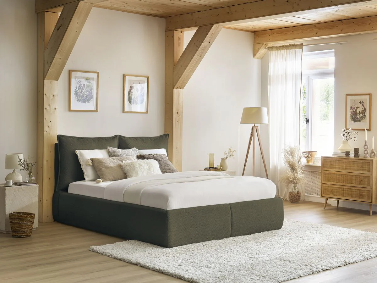 Lit coffre GARANCE avec tête de lit effet oreiller tissu bouclette - Image 16