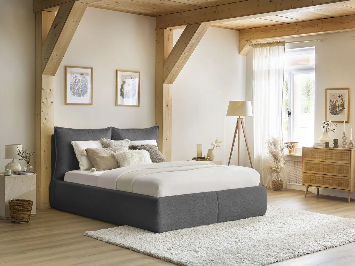 Lit coffre GARANCE avec tête de lit effet oreiller tissu bouclette - Image 9