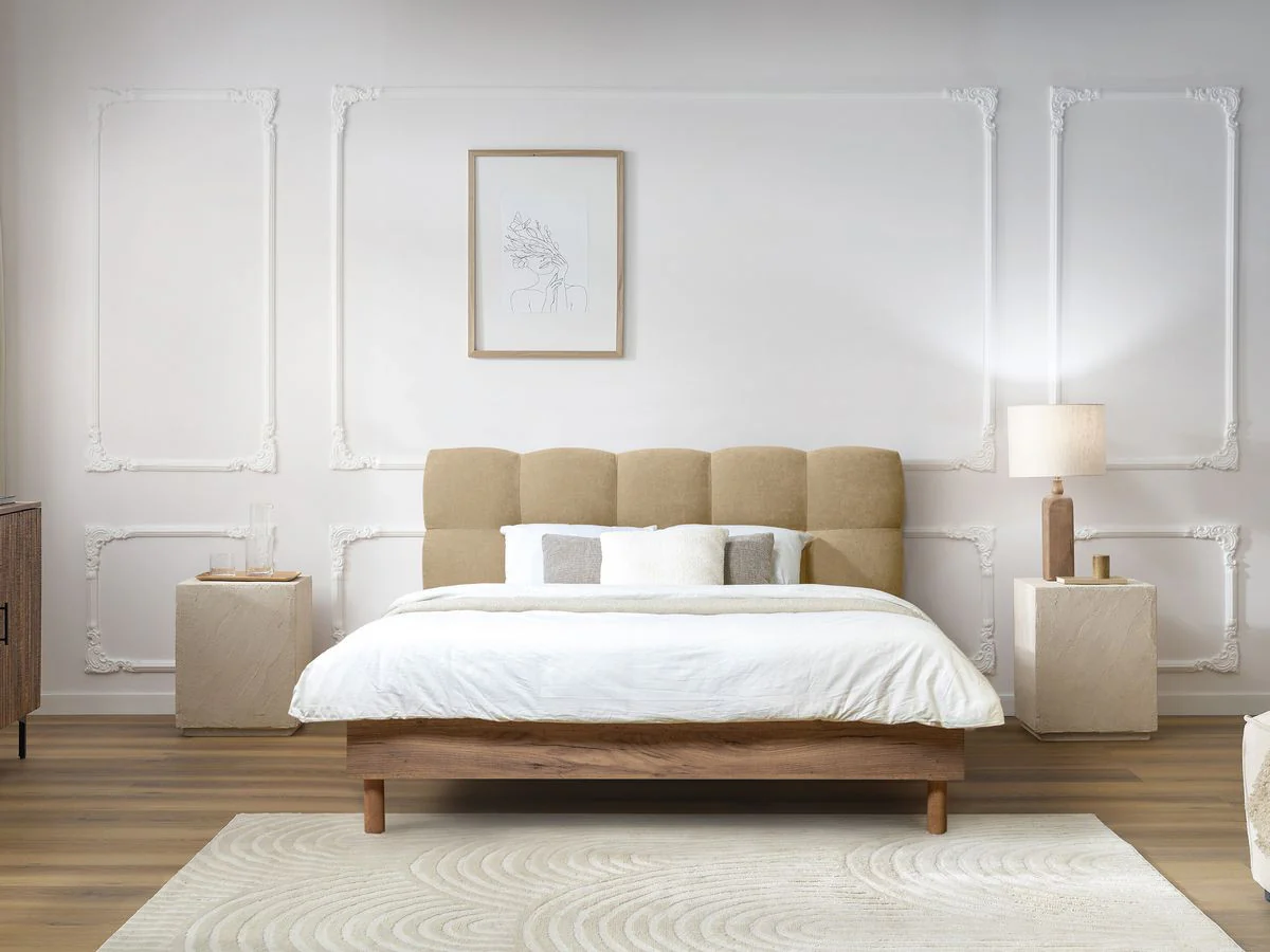 Lit KUMO tissu lisse lattes massives pieds en bois naturel - Image 2