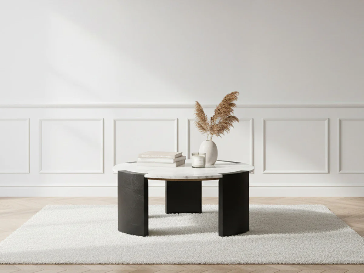 Table basse ronde D.85 cm TORVI plateau marbre et pieds bois massif de manguier noir