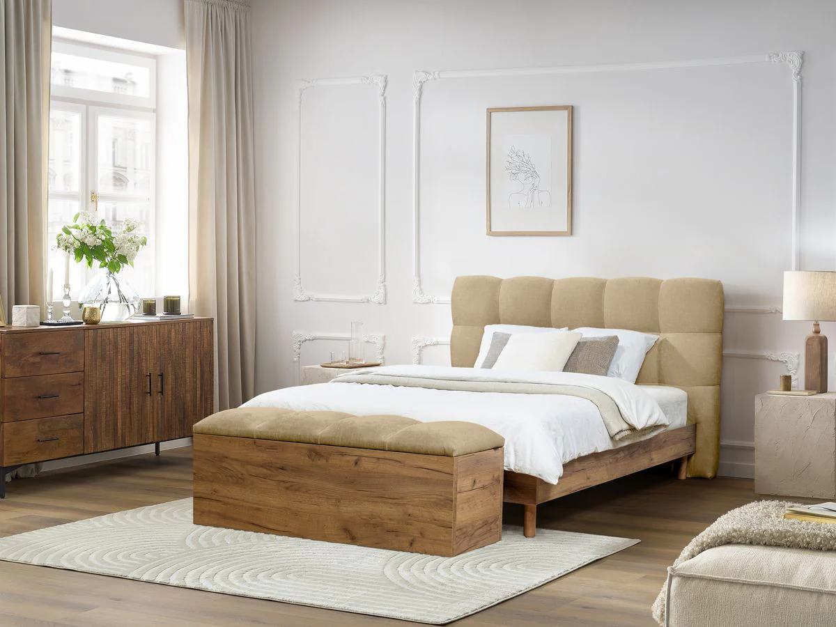 Lit KUMO tissu lisse lattes massives pieds en bois naturel + Bout de lit KUMO tissu lisse - Image 6
