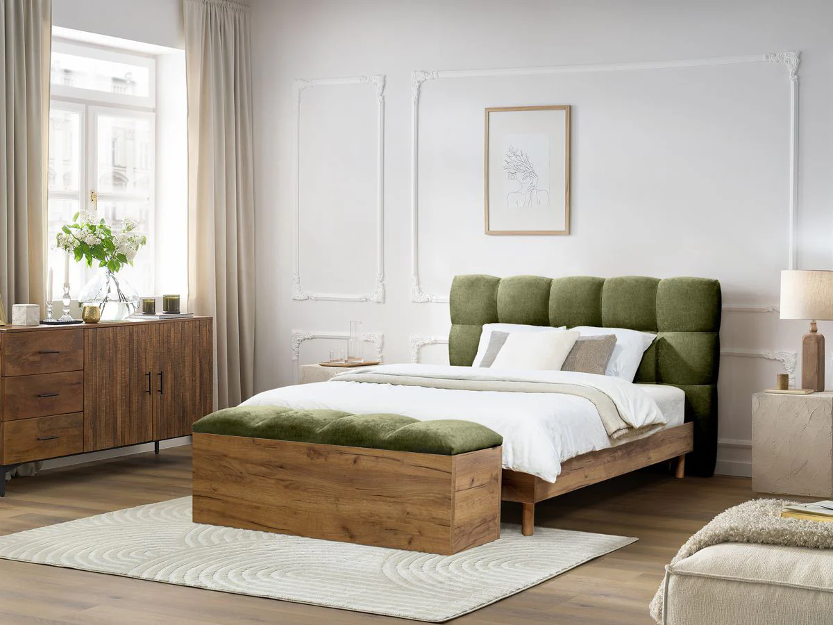 Lit KUMO tissu lisse lattes massives pieds en bois naturel + Bout de lit KUMO tissu lisse - Image 8