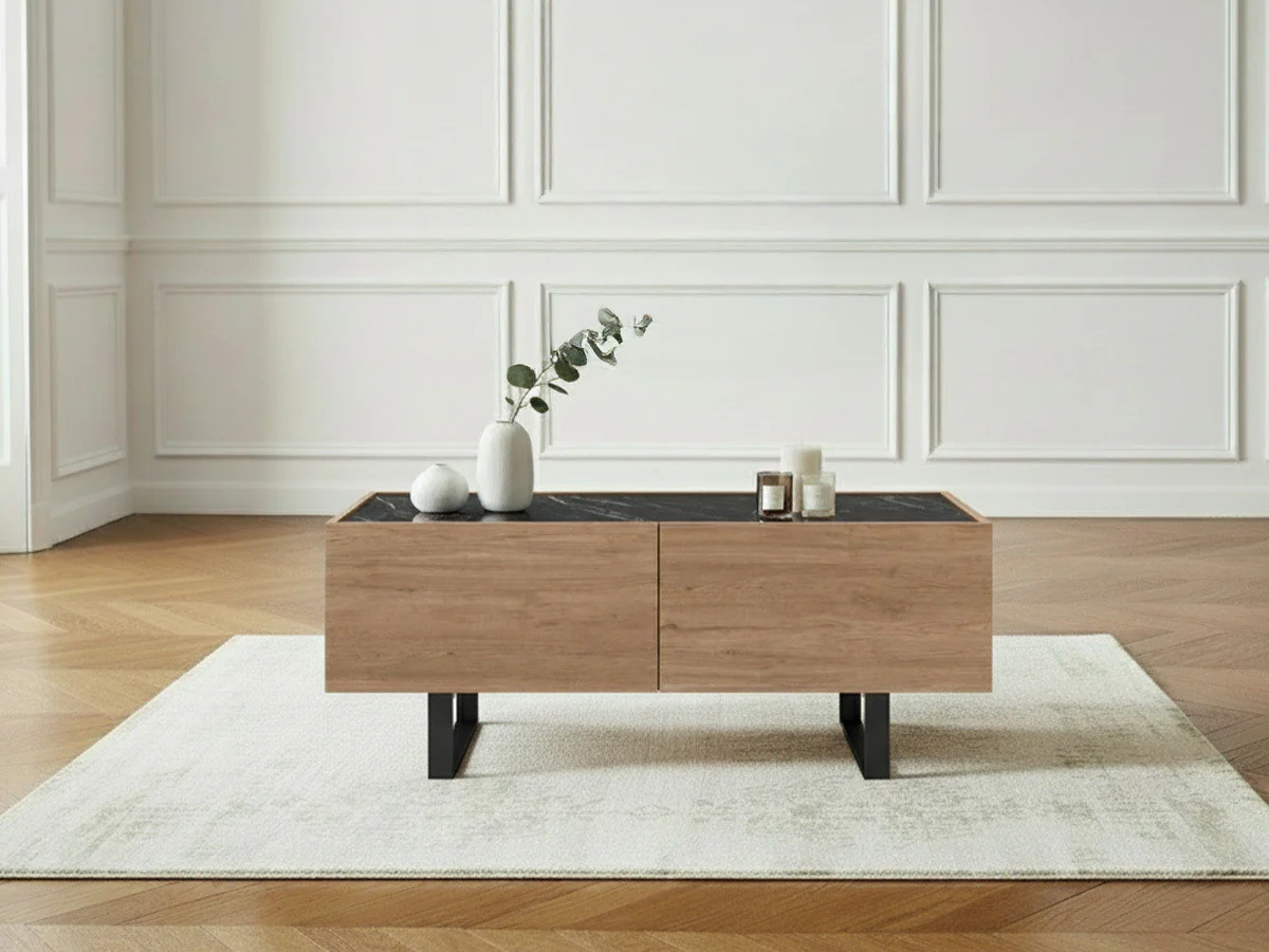Table basse 2 tiroirs 110 cm OPERA effet chêne et imitation marbre noir