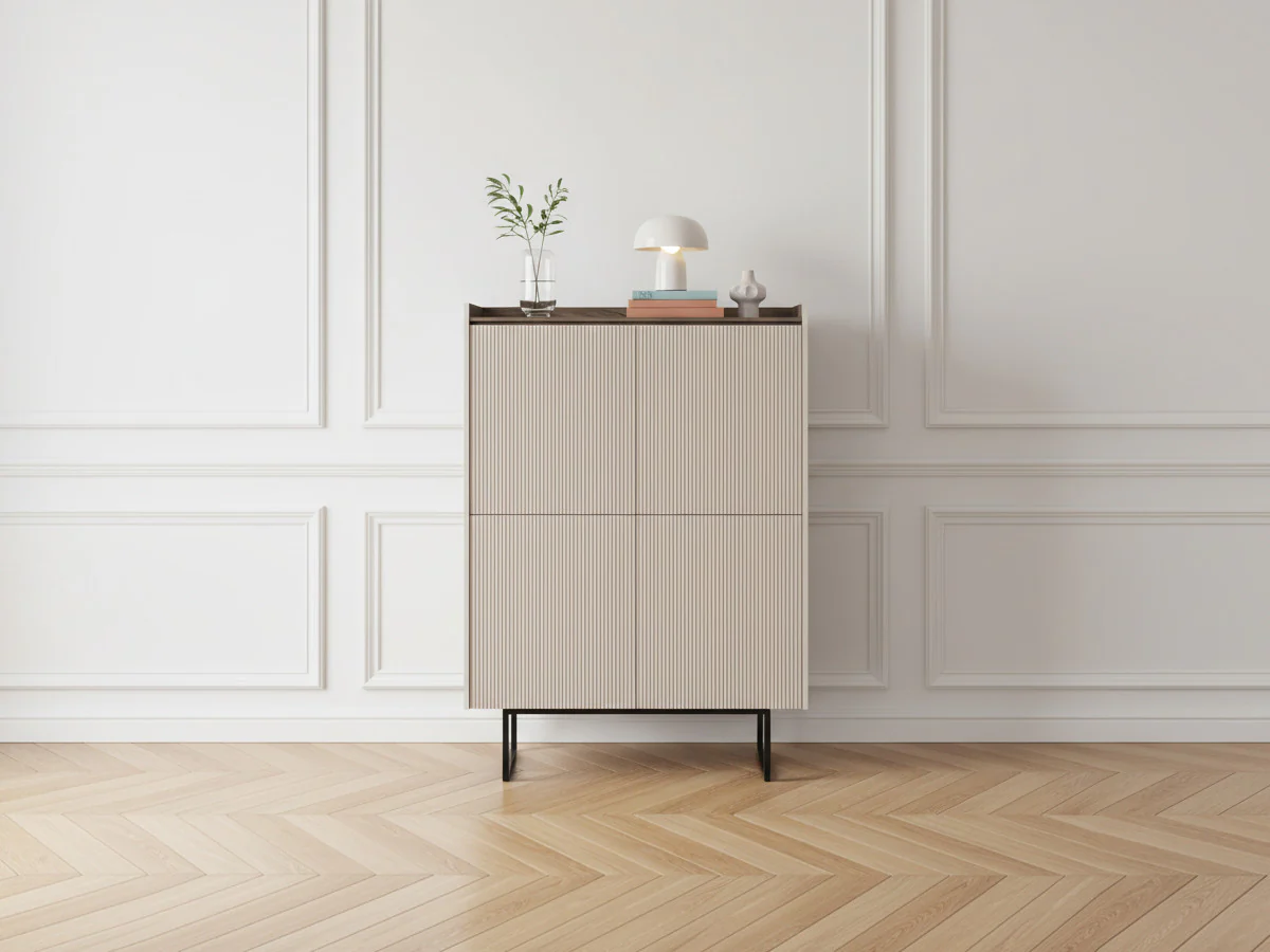 Buffet haut 4 portes 98 cm LOUNA beige et effet bois avec tasseaux et LED - Image 2