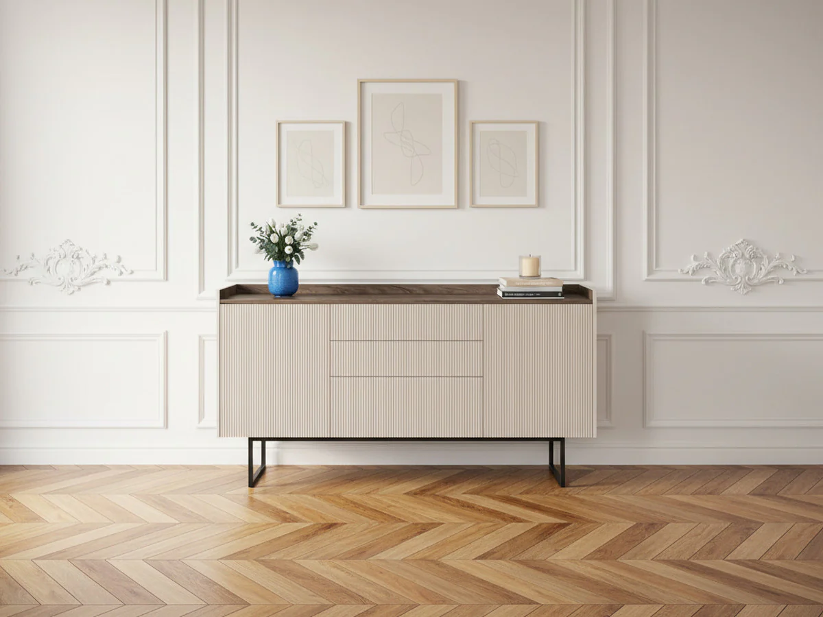 Buffet 2 portes 166 cm LOUNA beige et effet bois avec tasseaux et LED