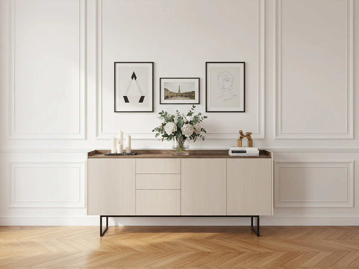 Buffet 3 portes 192 cm LOUNA beige et effet bois avec tasseaux et LED