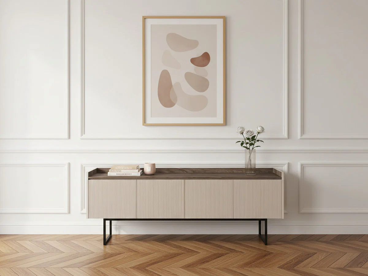 Meuble TV 4 portes 166 cm LOUNA beige et effet bois avec tasseaux et LED