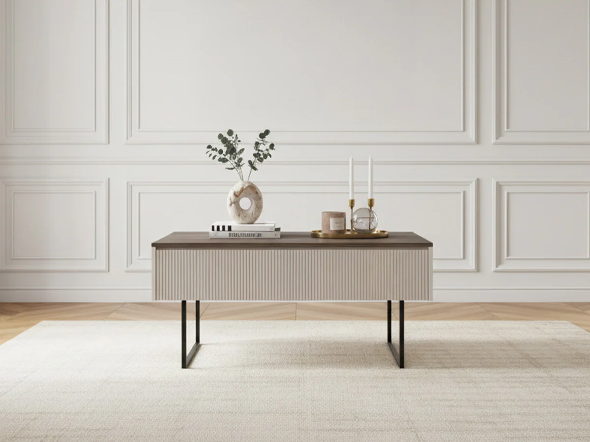 Table basse 1 porte 100 cm LOUNA beige et effet bois avec tasseaux