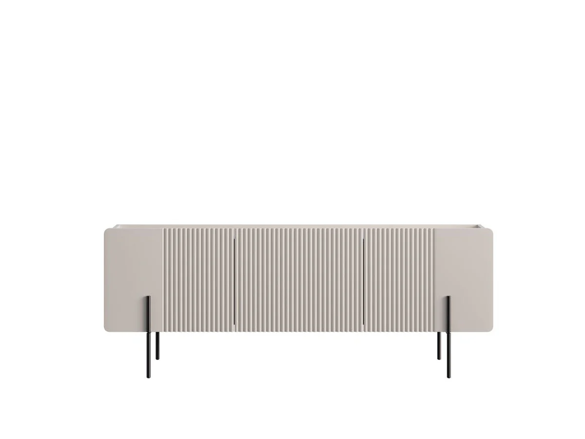 Meuble TV 3 portes 150 cm MATHILDE plateau effet marbre et pieds noirs