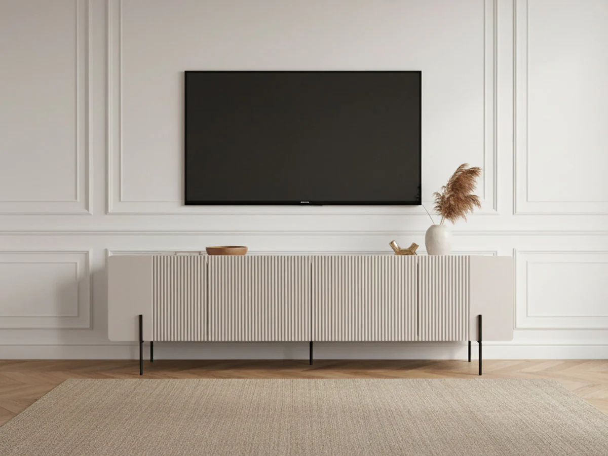 Meuble TV 2 portes 2 tiroirs 200 cm MATHILDE plateau effet marbre et pieds noirs - Image 2