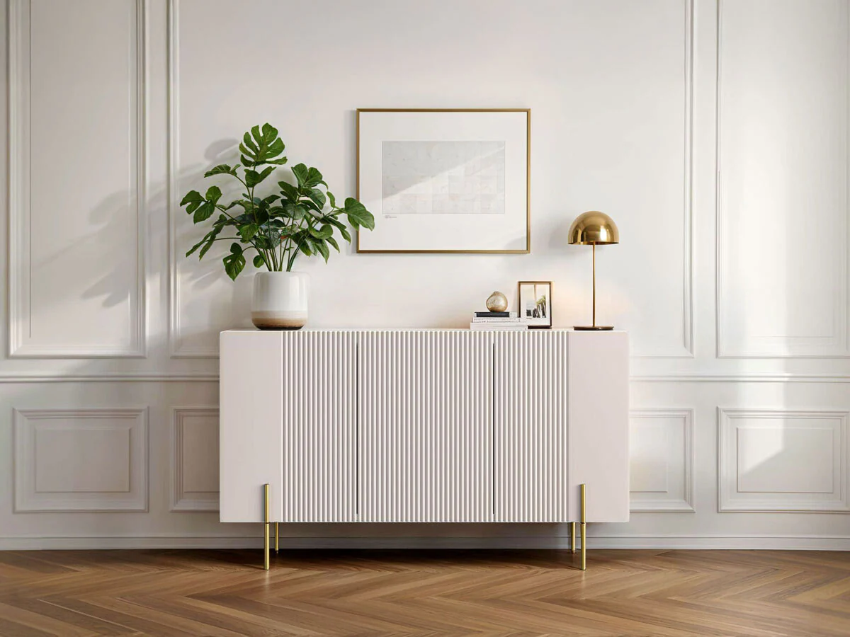 Buffet 3 portes 150 cm MATHILDE plateau effet marbre et pieds or