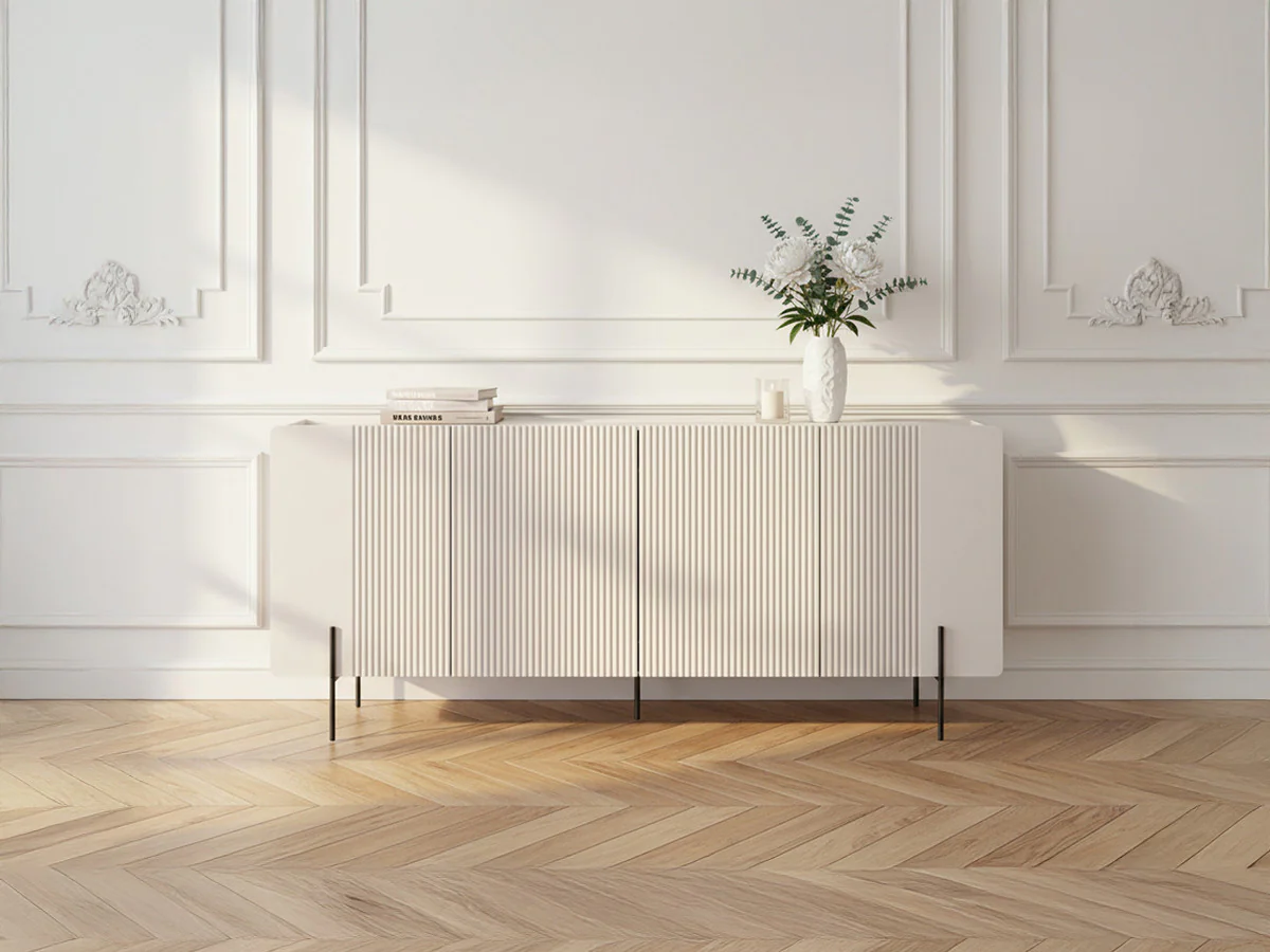 Buffet 4 portes 200 cm MATHILDE plateau effet marbre et pieds noir