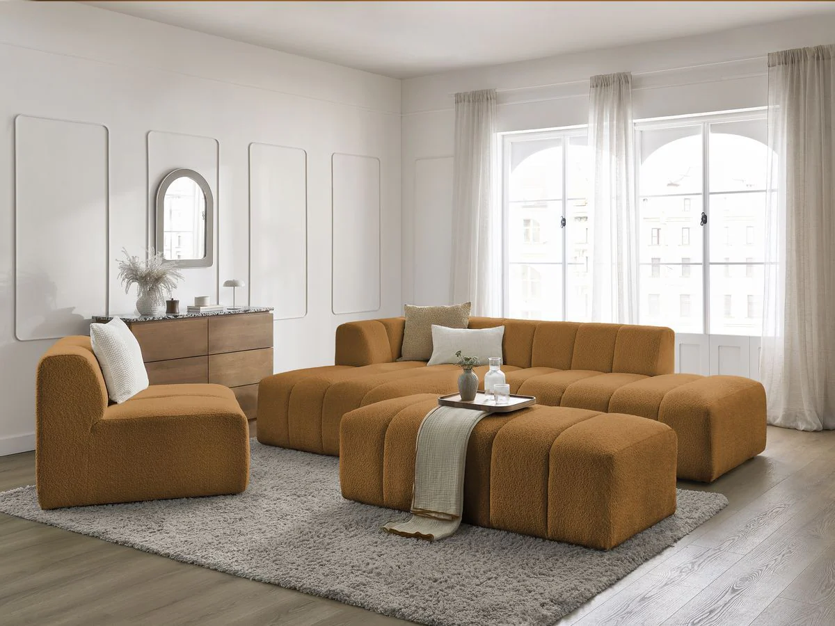 Canapé d'angle fixe modulable ANNECY tissu bouclette avec 1 chauffeuse 1 place et 1 pouf - Image 10