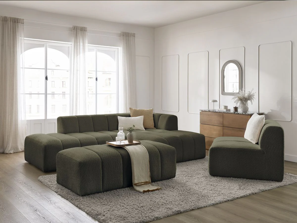 Canapé d'angle fixe modulable ANNECY tissu bouclette avec 1 chauffeuse 1 place et 1 pouf - Image 11