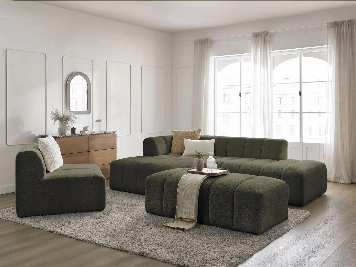Canapé d'angle fixe modulable ANNECY tissu bouclette avec 1 chauffeuse 1 place et 1 pouf - Image 12