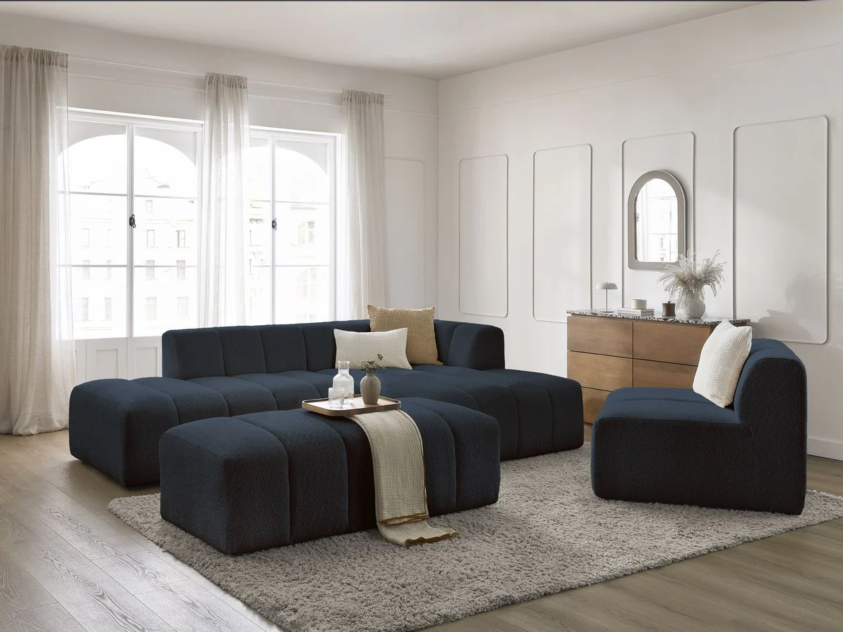 Canapé d'angle fixe modulable ANNECY tissu bouclette avec 1 chauffeuse 1 place et 1 pouf - Image 13