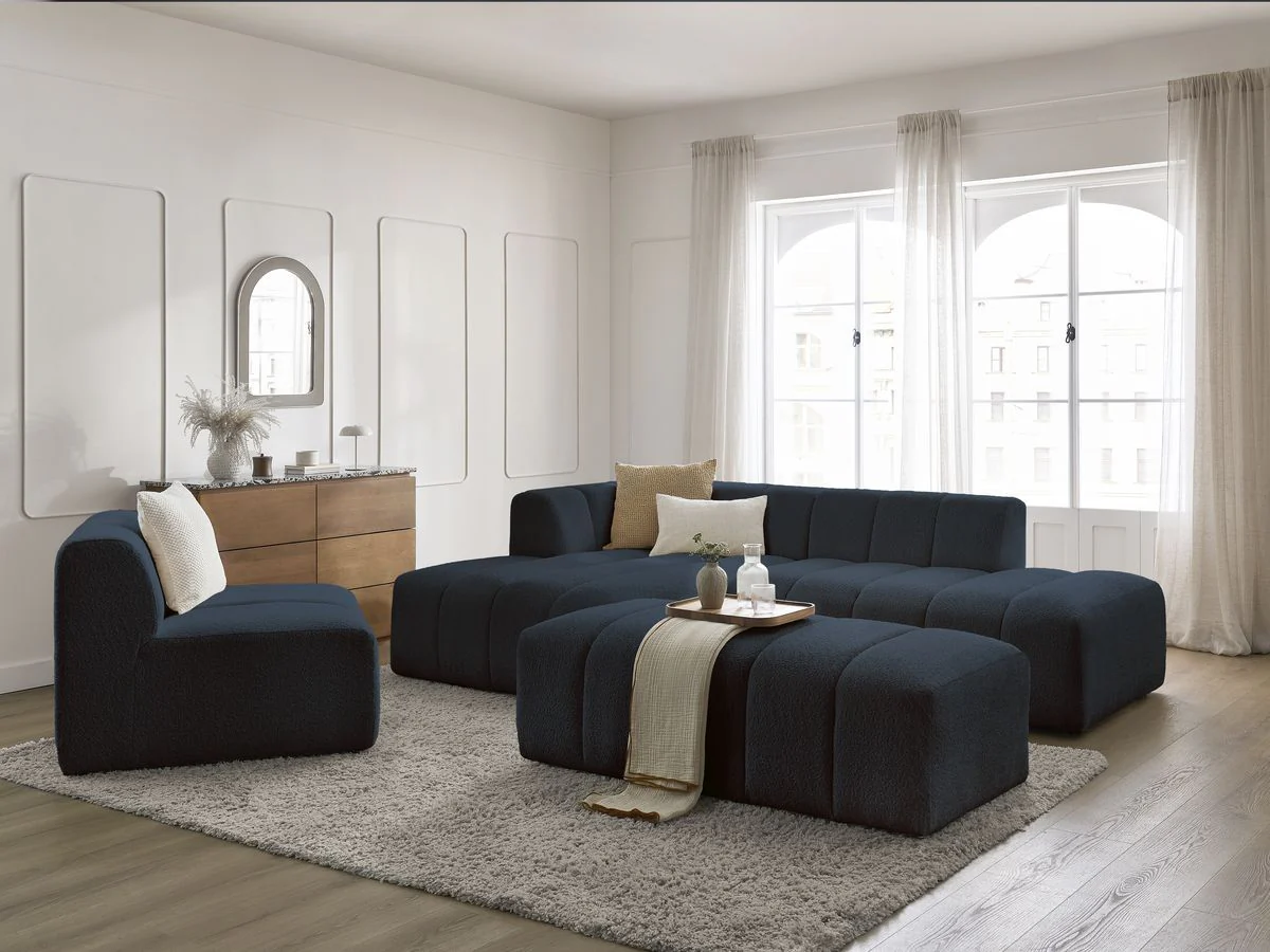 Canapé d'angle fixe modulable ANNECY tissu bouclette avec 1 chauffeuse 1 place et 1 pouf - Image 14