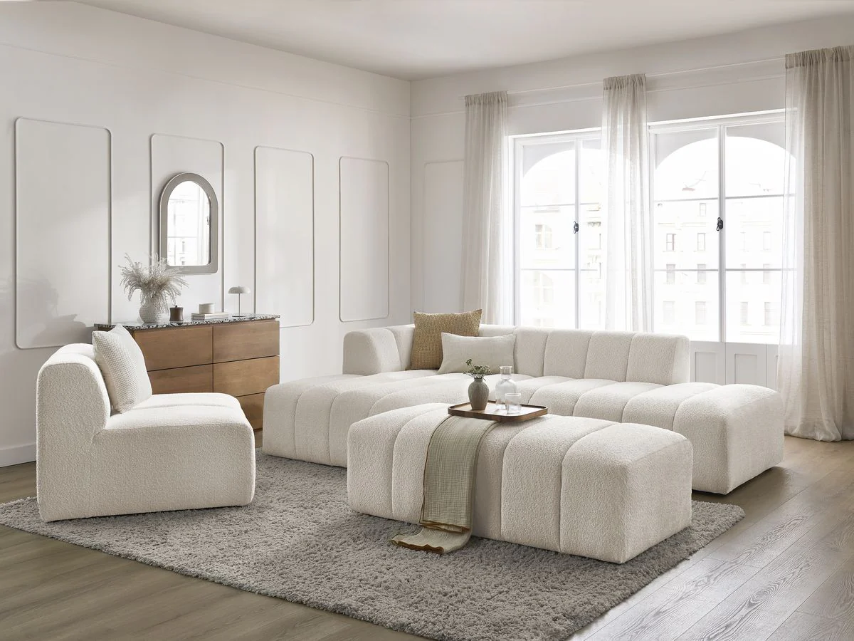 Canapé d'angle fixe modulable ANNECY tissu bouclette avec 1 chauffeuse 1 place et 1 pouf - Image 19